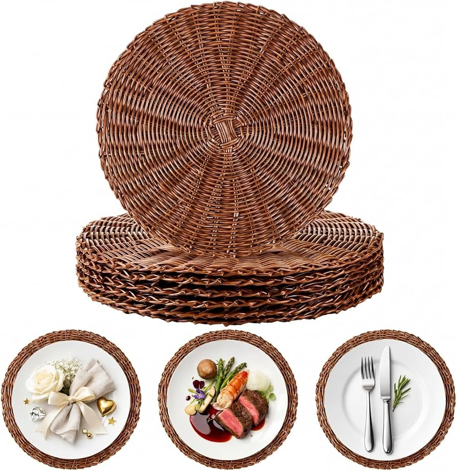 Round Rattan Placemats Set of 6 Boho 15 Inch Plastic Wicker Woven Table Mats Rattan Charger Plate... | Amazon (US)