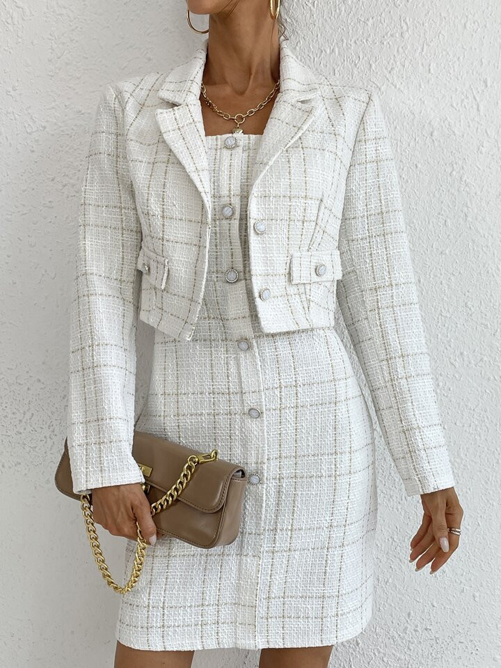 SHEIN Privé Plaid Tweed Cami Dress & Lapel Collar Overcoat | SHEIN