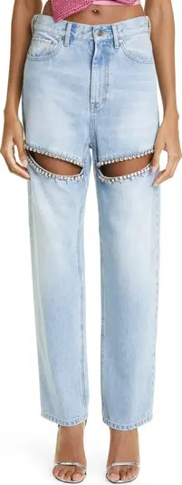 Area Crystal Slit Cotton Denim Straight Leg Jeans | Nordstrom | Nordstrom