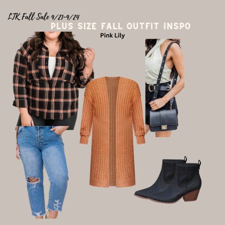 #LTKSale - Plus Size Fall Outfit Inspo - Pink Lily | ALL I EVER WANTED BLACK PLAID BUTTON FRONT BLOUSE | LUCY DISTRESSED GIRLFRIEND MEDIUM WASH JEANS | NEVER TELL A LIE BLACK AND STARS LEATHER CROSSBODY BAG | KIMBERLY BLACK NUBUCK POINTED TOE BOOTIE | NEVER GOING BACK BROWN FUZZY DUSTER CARDIGAN

#LTKplussize #LTKSale #LTKSeasonal