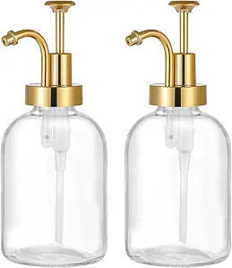 2 Pack Thick Clear Glass Jar Soap Dispenser with Gold Pump, 17oz Clear Boston Round Bottles Dispe... | Amazon (US)