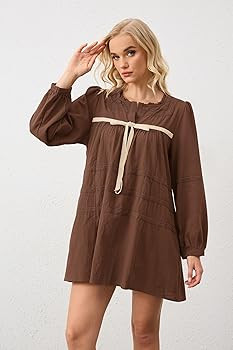 MISSACTIVER Women Long Puff Sleeve Flowy Mini Dress Cute Bow Tie Front Babydoll Dress Trendy Embr... | Amazon (US)