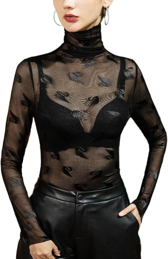 METWAY Black Sheer Top Women Mesh Long Sleeve Tops Lace Turtleneck See Through Undershirt Sexy Bl... | Amazon (US)