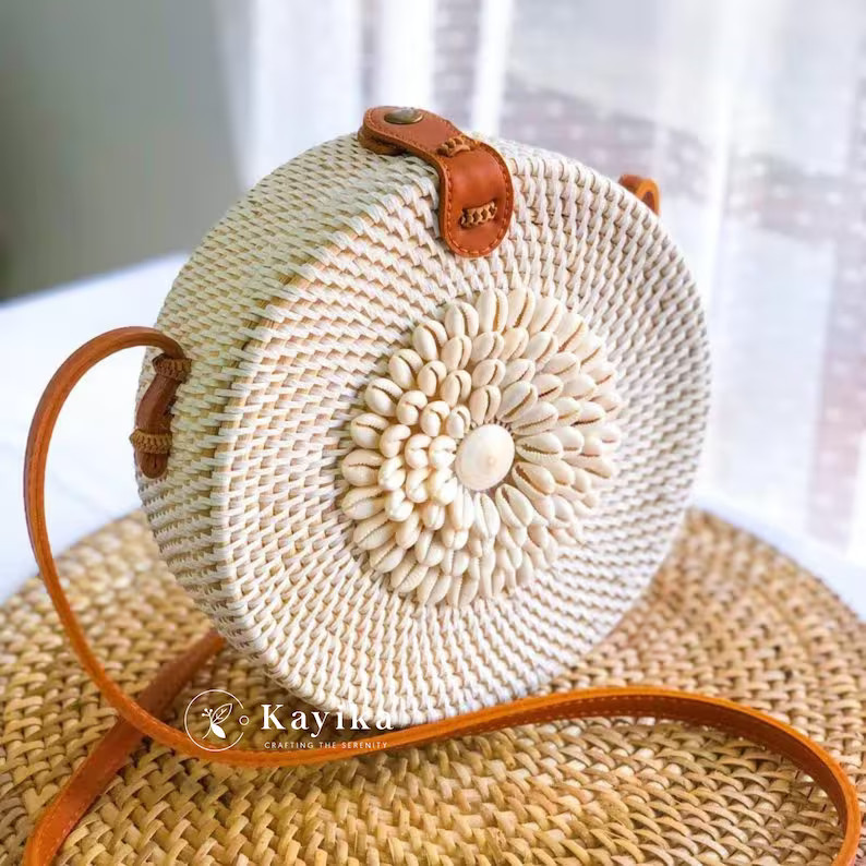 White Round Rattan Bag With Shell, Boho Summer Purse, Crossbody Bag, Holiday Bag, Women Woven Bag... | Etsy (US)