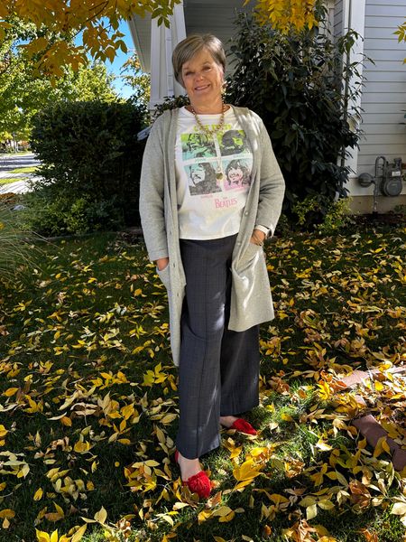 Long hooded cardigan with Old Navy Wide leg Pixe pants, graphic t-shirt and red pointed toe suede flats. #over50chicstyle #classicstyle 

#LTKover40 #LTKstyletip