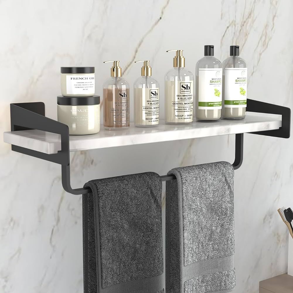 Marble Bathroom Shelf with Towel Bar, 16" Metal Black Modern Floating Shelf Wall Mount for Bathro... | Amazon (US)