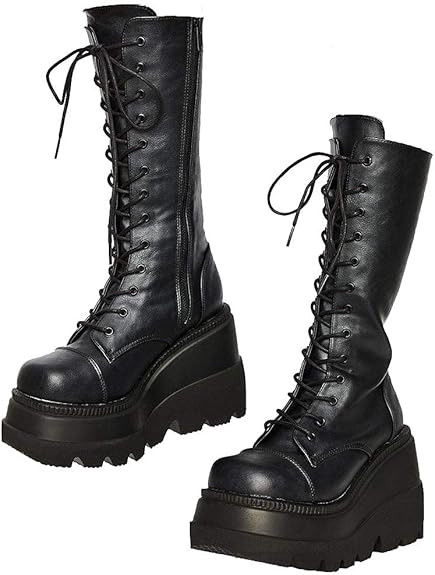 CELNEPHO Womens High Platform Mid Calf Wedges Chunky High Heel Round-Toe Side Zip Punk Combat Boo... | Amazon (US)