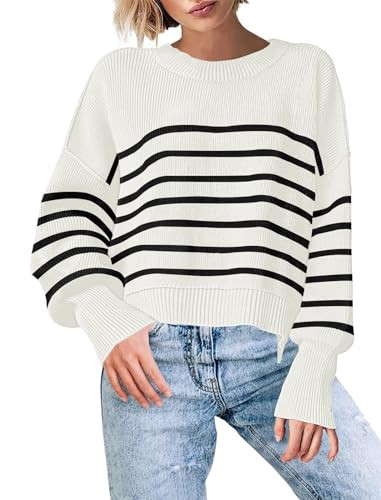 Pullover Sweaters for Women Crewneck Stripes Cropped Long Batwing Sleeve Ribbed Slouchy Oversized Knit Tops Fall Y2K Clothes | Amazon (US)