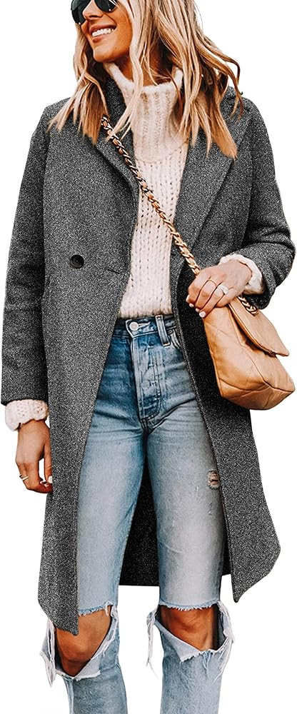 Tanming Women's Notch Lapel Double Breasted Wool Blend Mid Long Pea Trench Coat | Amazon (US)