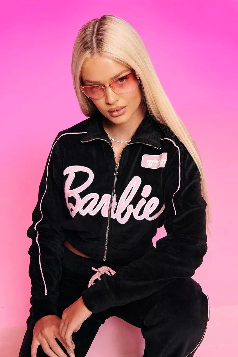 Barbie Velour Cropped Zip Through Jacket | Boohoo.com (UK & IE)
