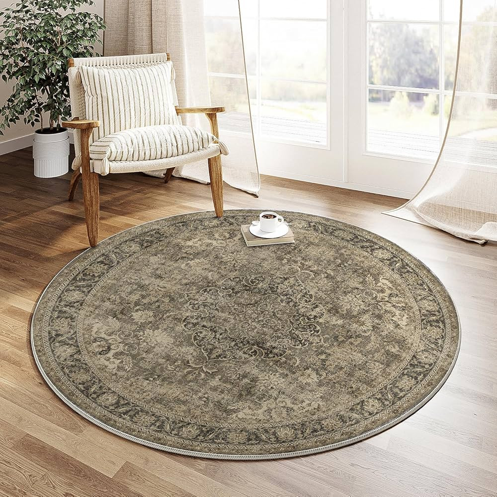 8x8 Washable Round Rug Brown Vintage Living Room Bedroom Low Pile Large Traditional Circle Area R... | Amazon (US)