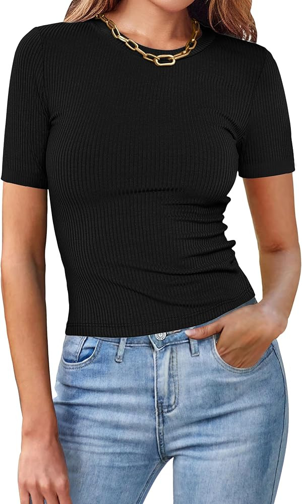 MEROKEETY Women's 2024 Short Sleeve Crew Neck Tops Casual Slim Fit Ribbed Knit Basic Tee Shirt | Amazon (US)