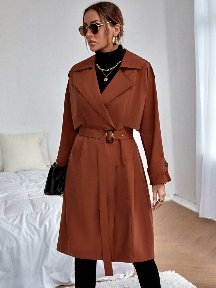 Lapel Neck Belted Trench Coat | SHEIN