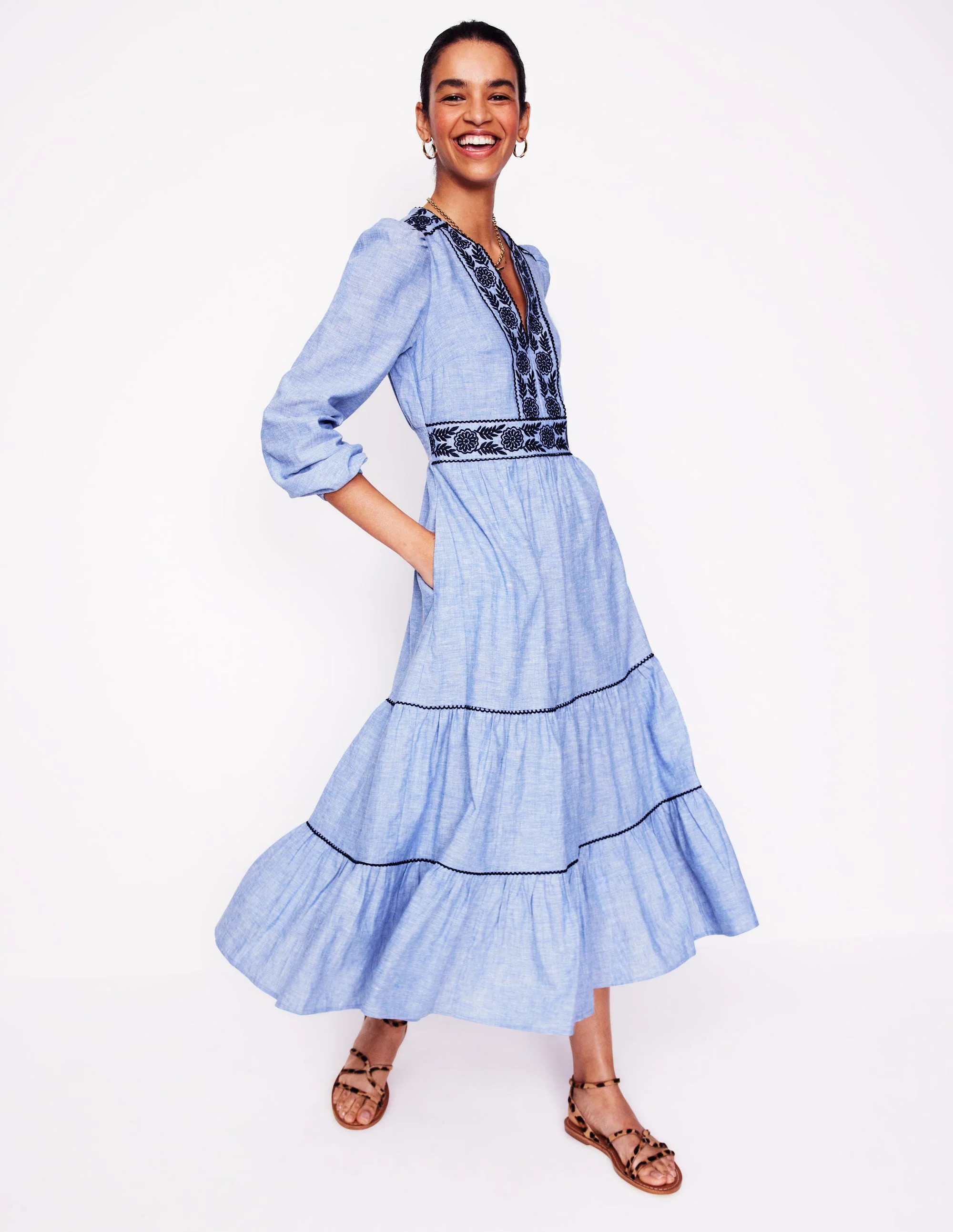 Violet Linen Blend Midi Dress-Chambray | Boden (US)