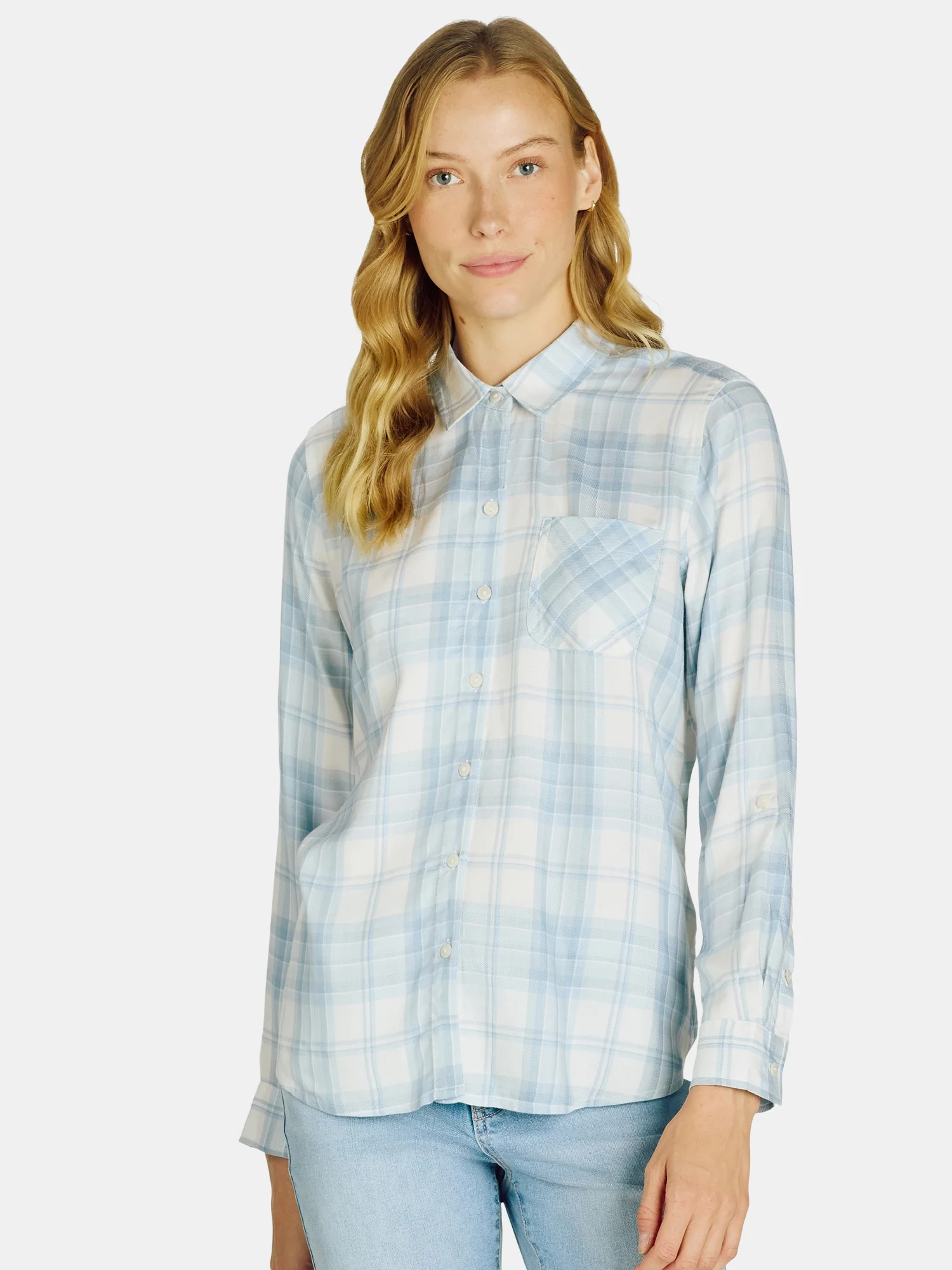 Time and Tru Women's Plaid Button Front Soft Shirt with Long Sleeves, Sizes S-XXXL - Walmart.com | Walmart (US)