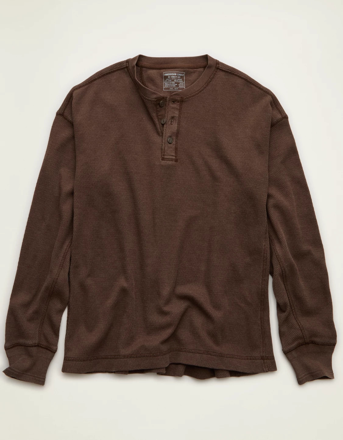 AE Boxy Fit Thermal Henley T-Shirt Men's Brown S | American Eagle Outfitters (US & CA)