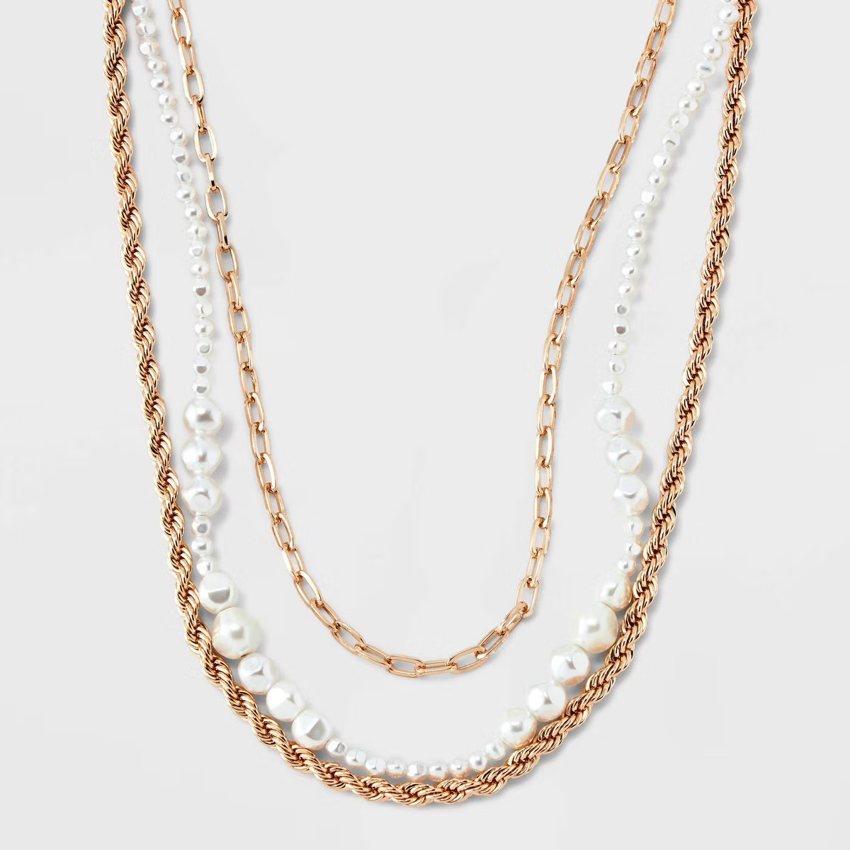 Chain and Pearl Multi-Strand Necklace Set 3pc - A New Day™ Gold/White | Target