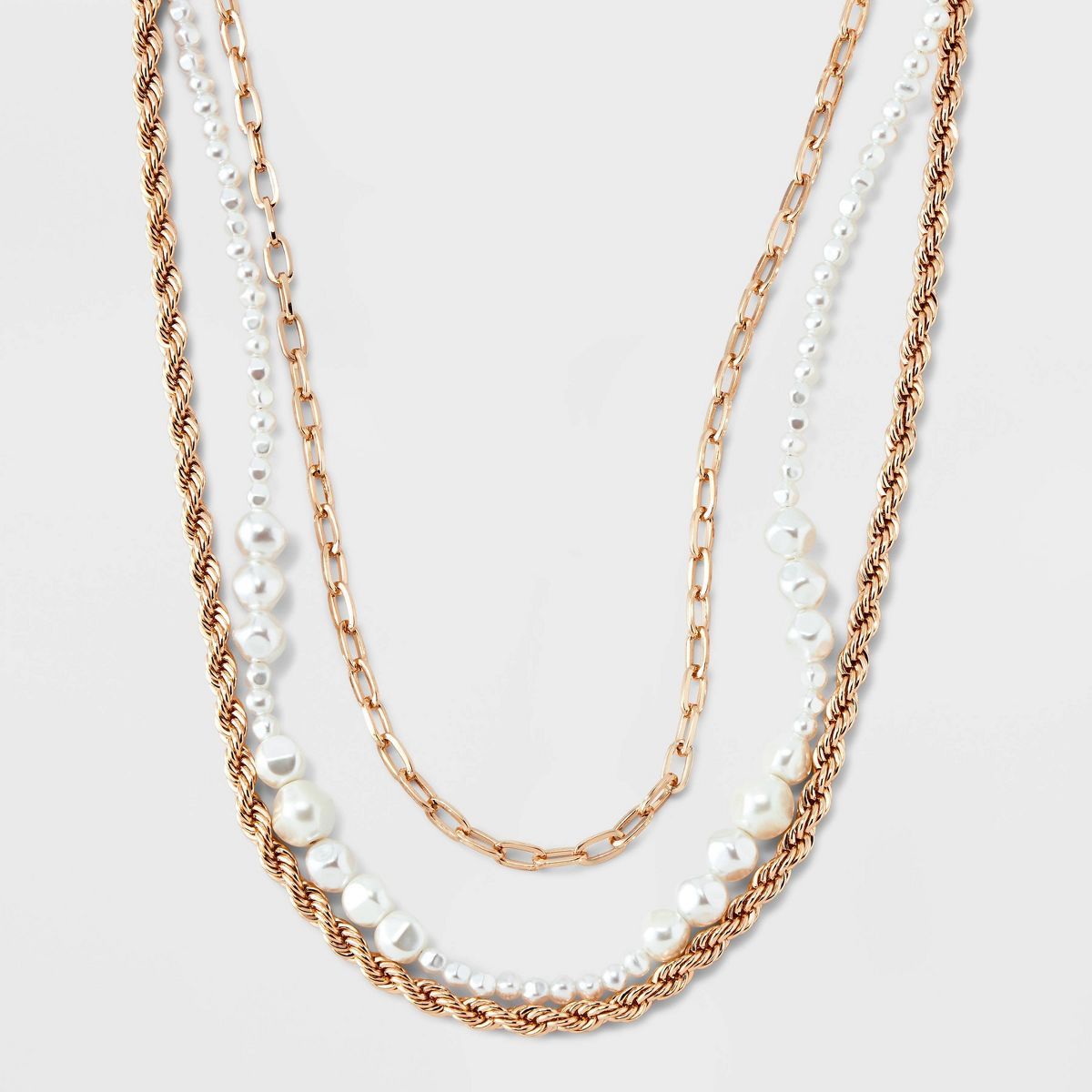 Chain and Pearl Multi-Strand Necklace Set 3pc - A New Day™ Gold/White | Target