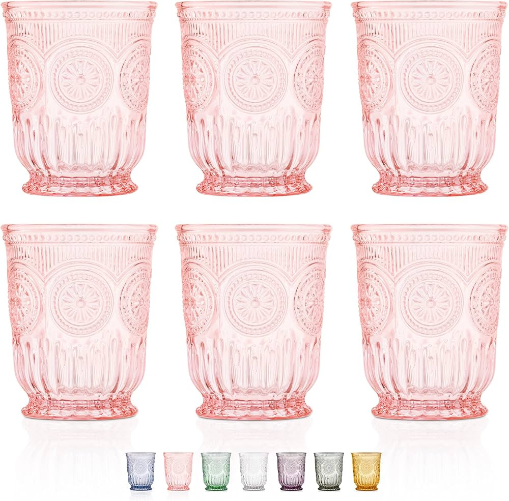 Pink Glass Cups set of 6 pink water glasses for lovers of vintage pink glassware with matching wi... | Amazon (US)