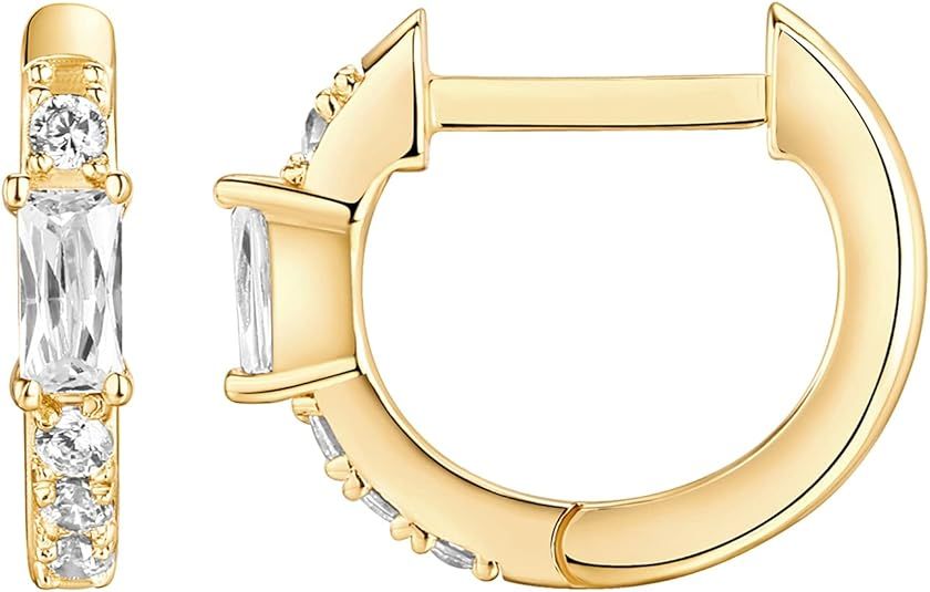 PAVOI 14K Gold Plated Sterling Silver Post Cubic Zirconia Huggie Hoop Earrings for Women | Amazon (US)