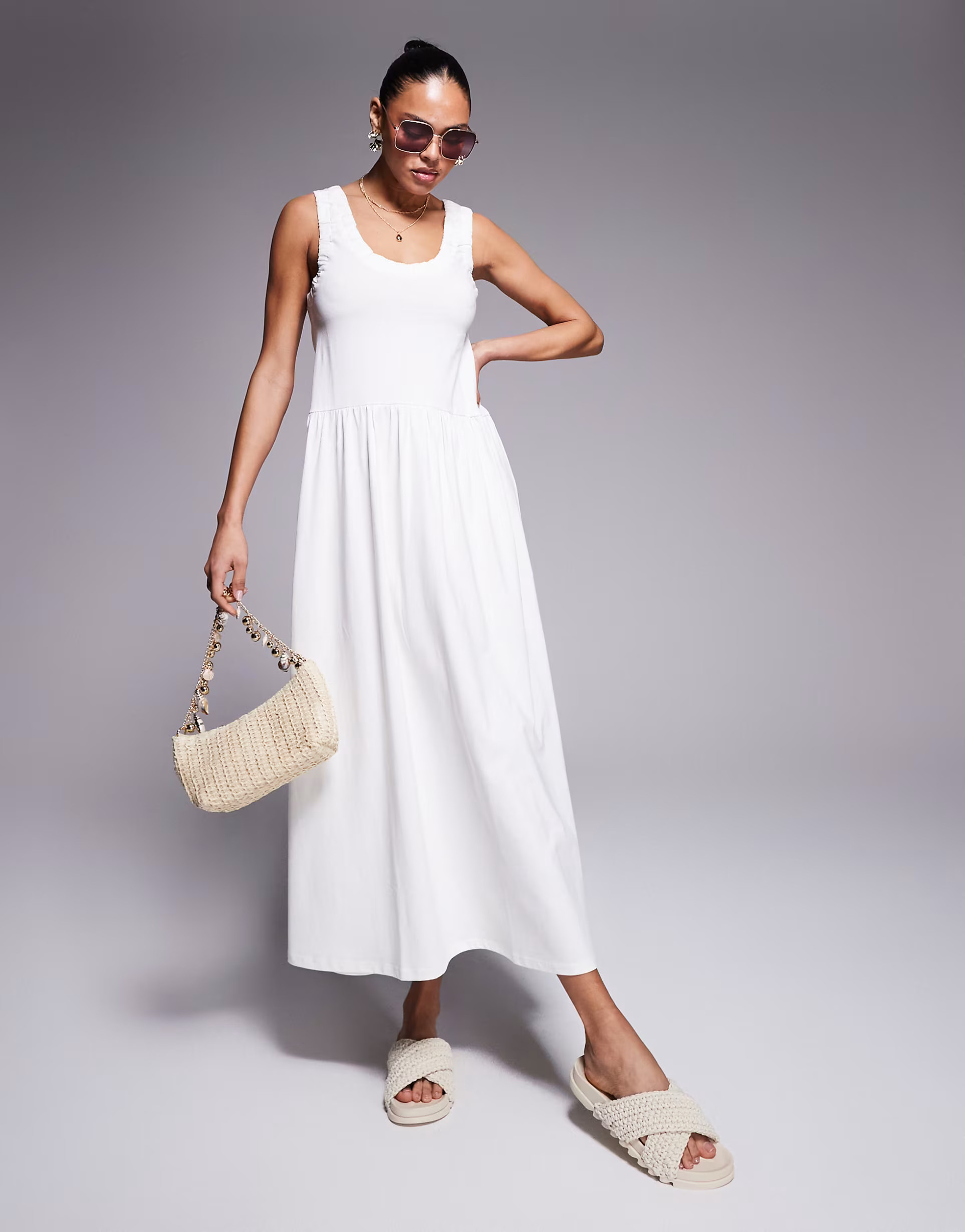 ASOS DESIGN ruched scoop smock midi dress in off-white | ASOS | ASOS (Global)