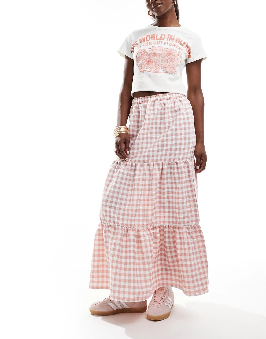 Miss Selfridge tiered maxi gingham skirt in pink | ASOS (Global)