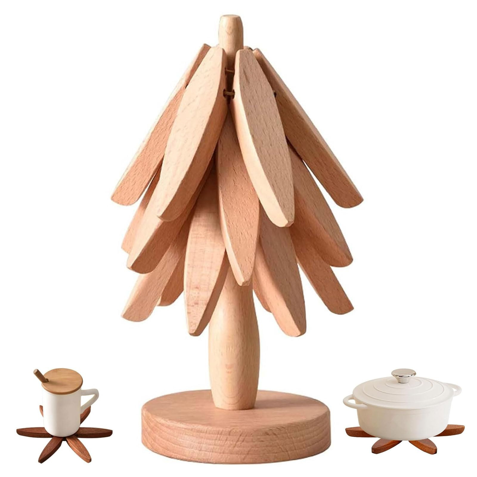 Wooden Tree Trivets for Hot Dishes - Set of 3 with Stand, Natural Foldable Kitchen Trivets for Po... | Amazon (US)