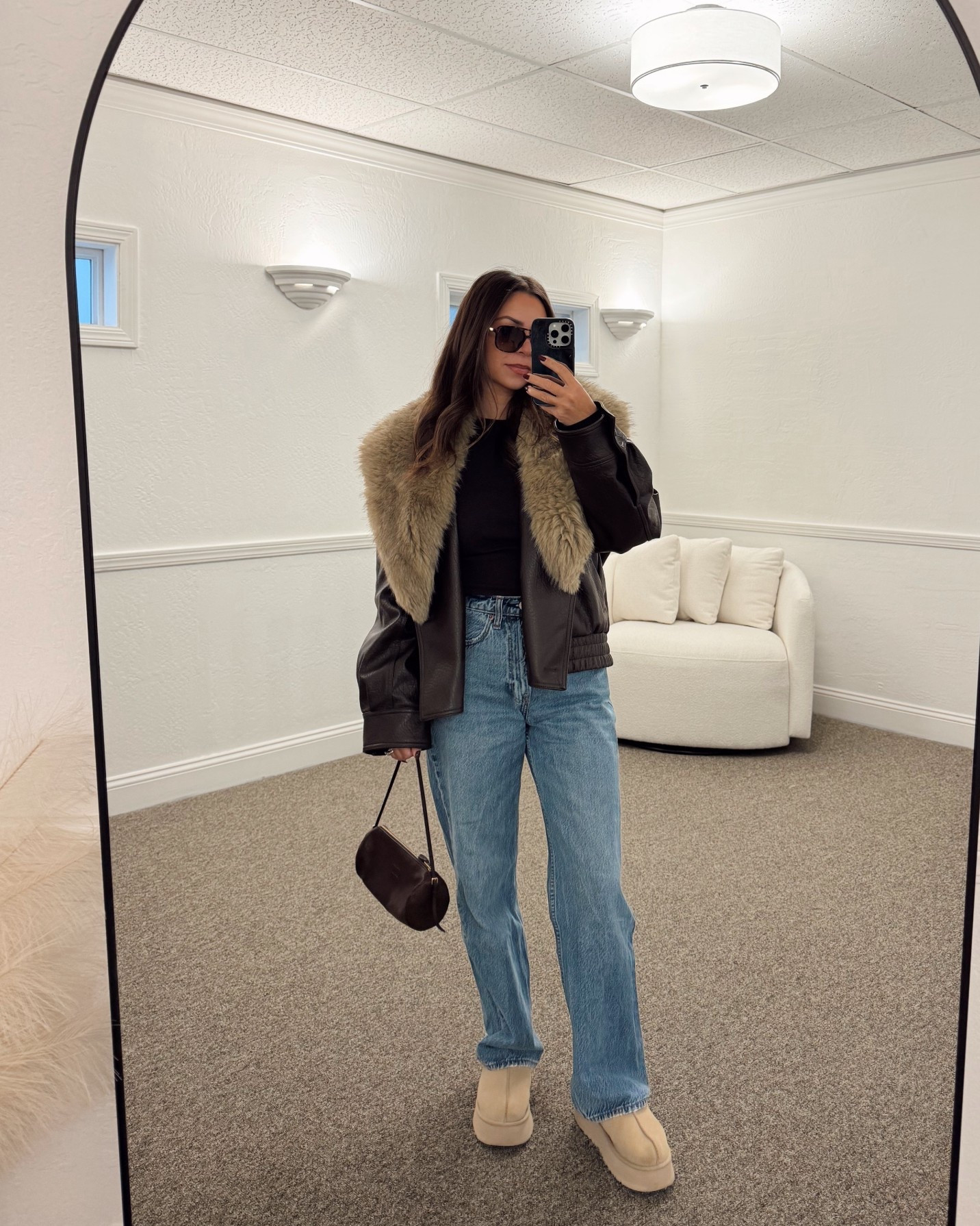 Zara faux fur leather jacket- xs
Gap brown t shirt- small
Abercrombie jeans- 25
Amazon brown aviator sunglasses
Miu Miu brown pouch bag
Ugg tazz boots

Petite, fall outfit, winter outfit, faux fur jacket, faux leather jacket, cozy 

#LTKootd #LTKSeasonal #LTKPetite