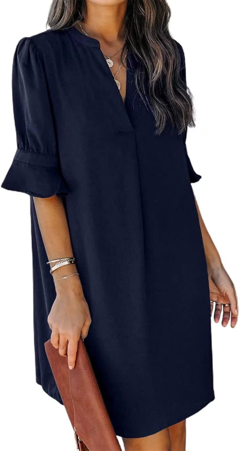 Wkior Shift Dress for Women V Neck Short Sleeves Solid Color Casual Summer Dresses(S-2XL) | Amazon (US)