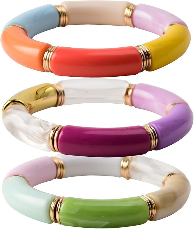Bamboo Tube Bangles Bracelet Chunky Curved Stacking Clear Acrylic Colorful Beads Stretchable Frie... | Amazon (US)