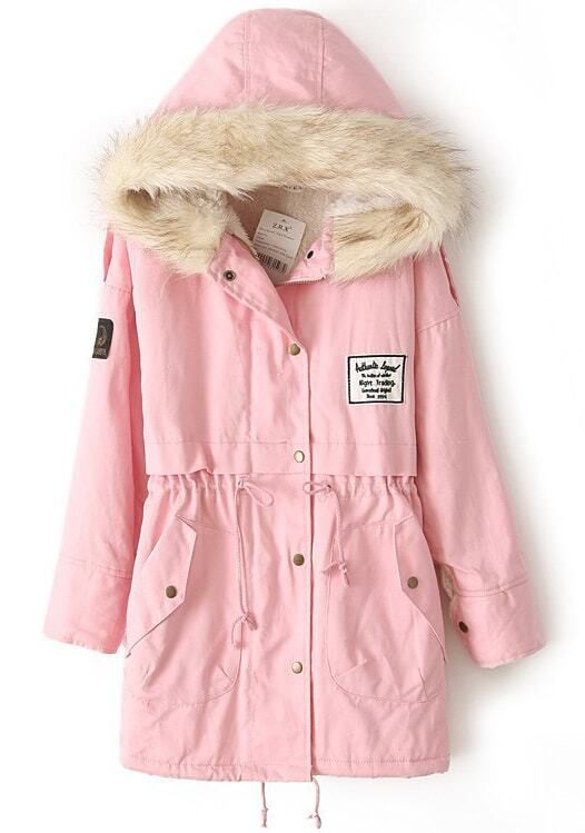 Zipper Embellished Fleece Inside Military Pink Coat | Romwe
