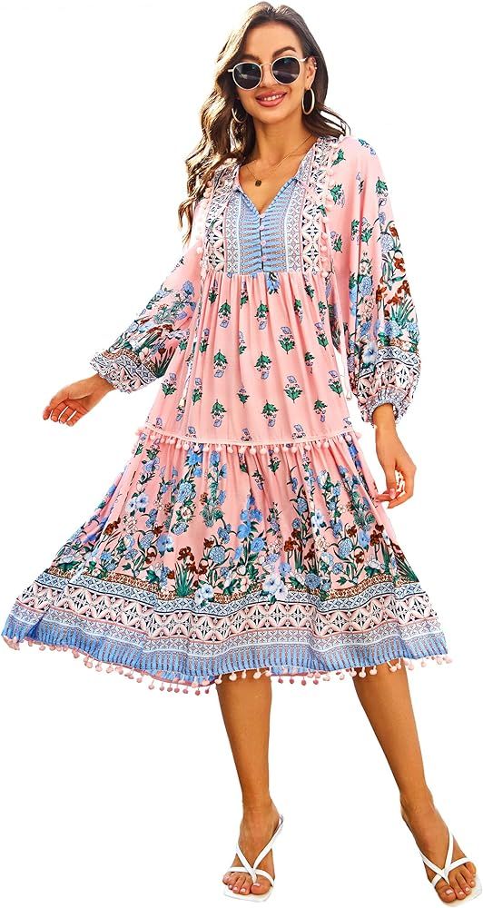 Women's Bohemian V Neck Floral Print A-line Casual Midi Long Dress | Amazon (US)