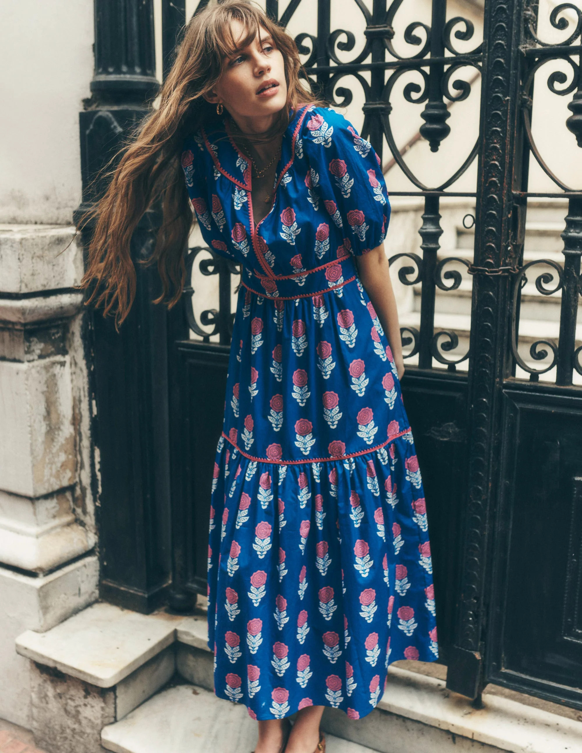 Rhea Embroidered Midi Dress-Gallery Blue, Dahlia Sprig | Boden UK