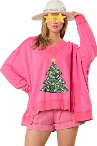 Yiulangde Sequin Christmas Tree Sweatshirt High Low Hem Long Sleeve Sweater Shirt Side Slit Oversized Holiday Sweatshirt Top for Women | Amazon (US)