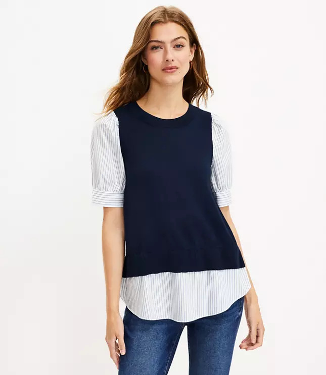 Petite Stripe Layered Mixed Media Sweater | LOFT