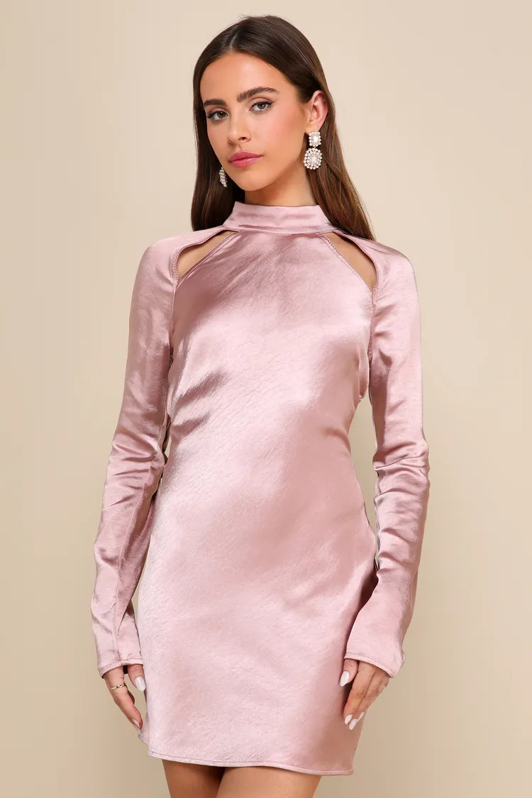Poised Aura Dusty Mauve Satin Mock Neck Cold-Shoulder Mini Dress | Lulus