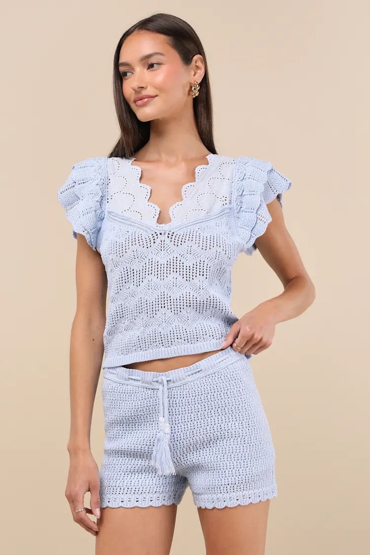 Caroline Light Blue Crochet Knit Shorts | Lulus
