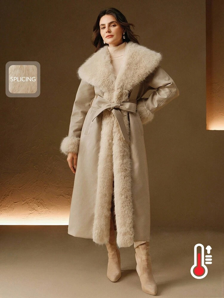 Anewsta Women's Long Faux Fur Collar Fur Coat With Belt, Fur Lining | SHEIN