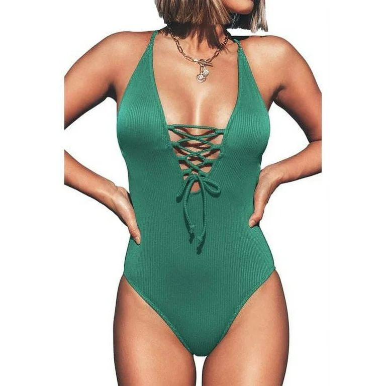 Cupshe Women's Green V Neck One Piece Swimsuit Lace up Monokini, L - Walmart.com | Walmart (US)