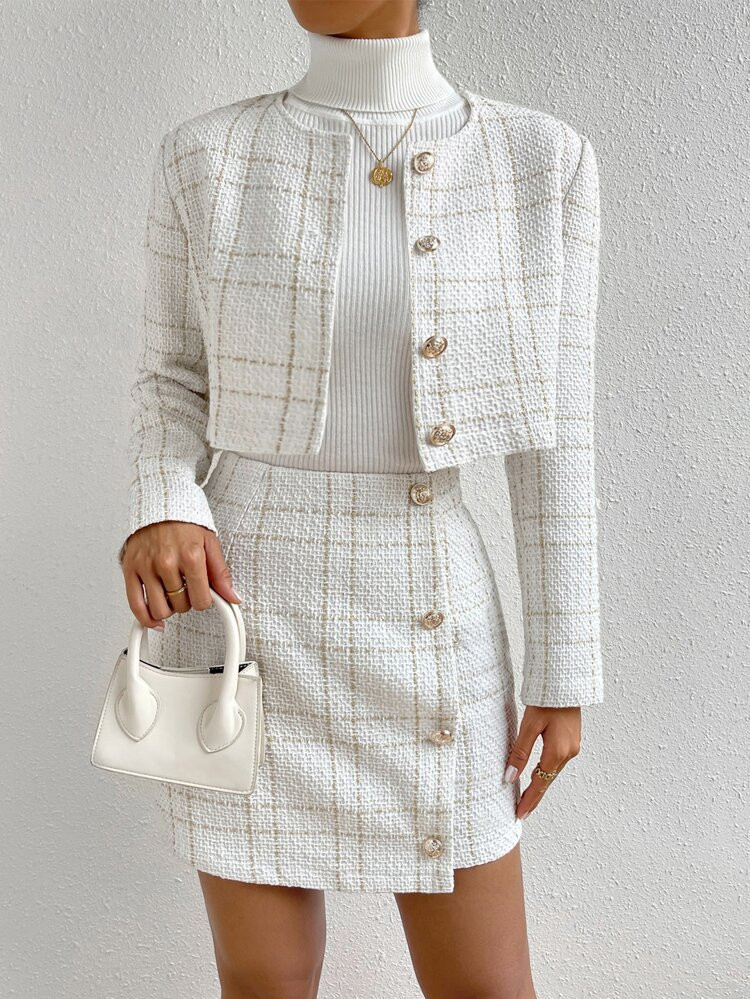 SHEIN Frenchy Plaid Print Crop Jacket & Button Front Skirt
       
              
              $... | SHEIN