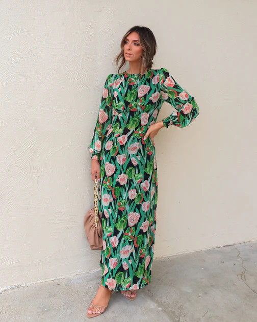 Blooming Tulip Long Sleeve Maxi Dress - Green/Multi | VICI
