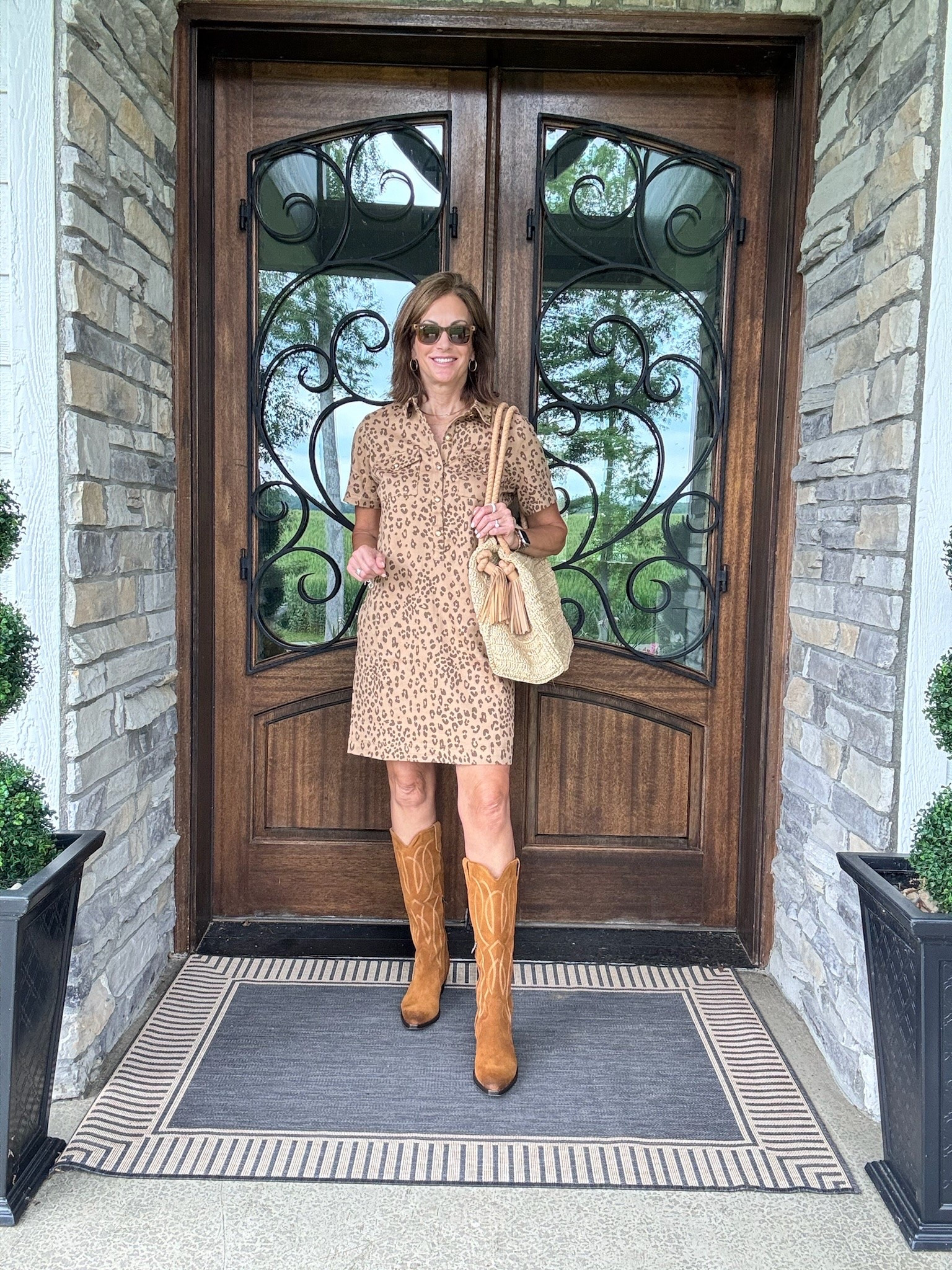 Wearing size medium In the leopard dress. It’s generously sized so if between sizes consider sizing down. 

You could also wear heeled or flat mules. Dress it up or down

Leopard 
Mini dress 
Cowboy boots
Styling tip 
Outfit idea

#LTKootd #LTKSeasonal #LTKTall