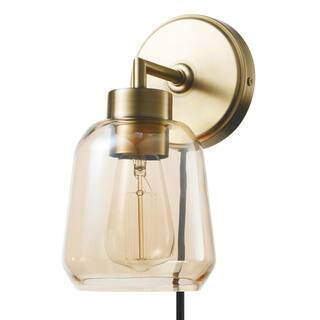 Salma 1-Light Matte Brass Plug-In or Hardwire Wall Sconce with Smoked Amber Glass Shade and In-Li... | The Home Depot