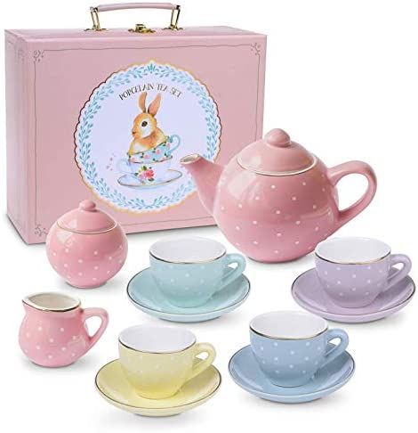 Jewelkeeper Porcelain Tea Set for Little Girls, Pastel Polka Dot, 13 Pieces | Amazon (US)