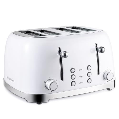 Roter Mond 4 Slice Toaster Retro Stainless Steel with Bagel Defrost Cancel Function, 6 Browning Settings, Extre Wide Slot and Removable Crumb Tray, White, ST033 | Amazon (US)