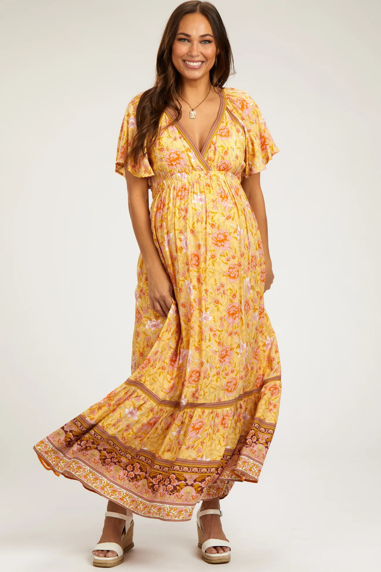Yellow Floral Flounce Sleeve Maternity Maxi Dress | PinkBlush Maternity