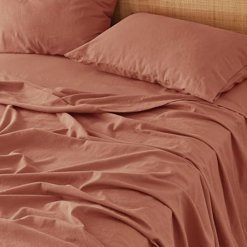 Bedsure Linen Sheets - Queen Size Bed, Blend from Linen Cotton Bedsheets, Breathable Cotton Bedsheets, Gifts for All Seasons, 4 Pieces, Terracotta | Amazon (US)