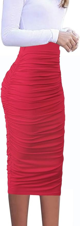 VFSHOW Womens Elegant Ruched Ruffle High Waist Casual Pencil Midi Mid-Calf Skirt | Amazon (US)