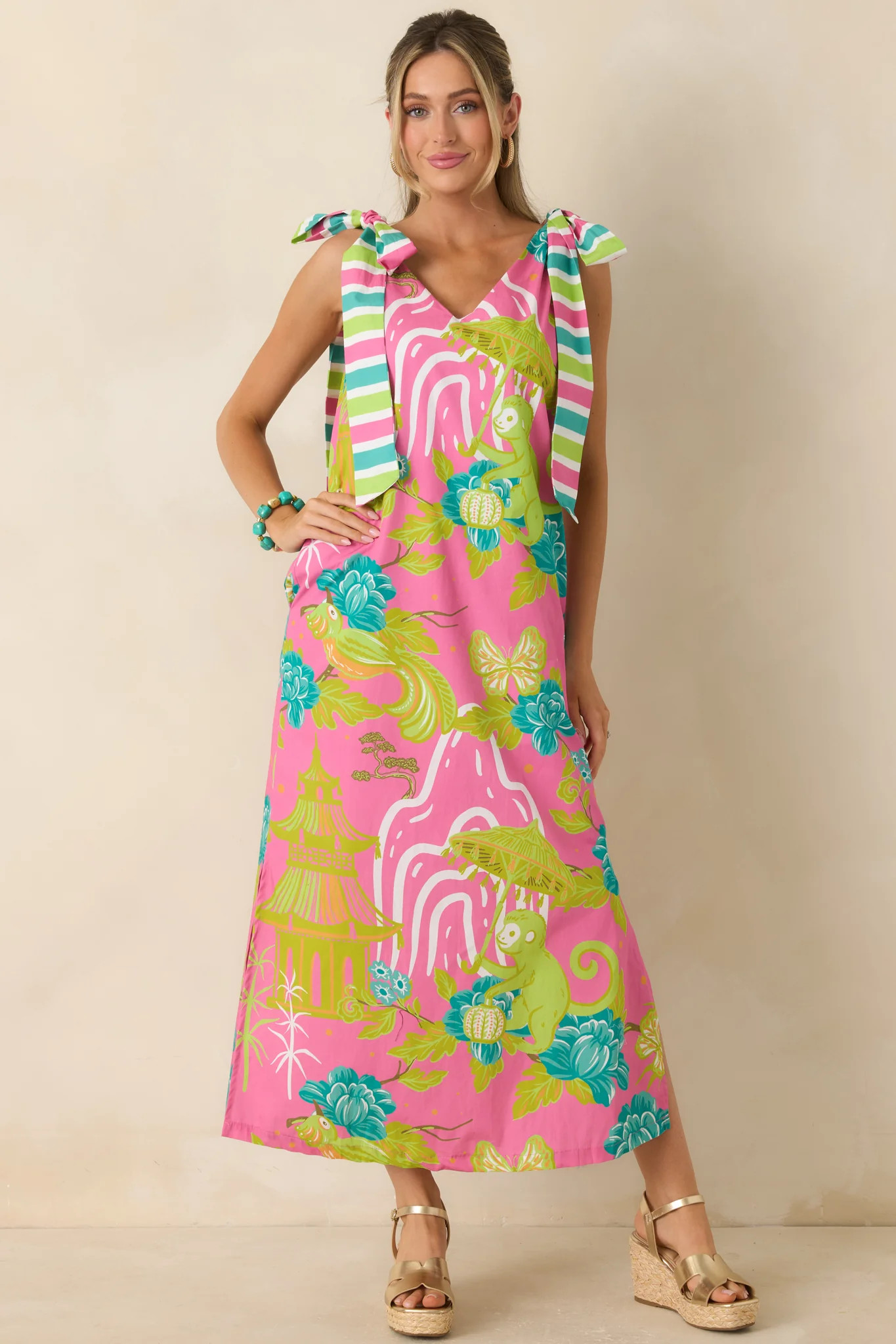 Prosperina Arden Pink Multi Chinoiserie Cotton Maxi Dress | Red Dress