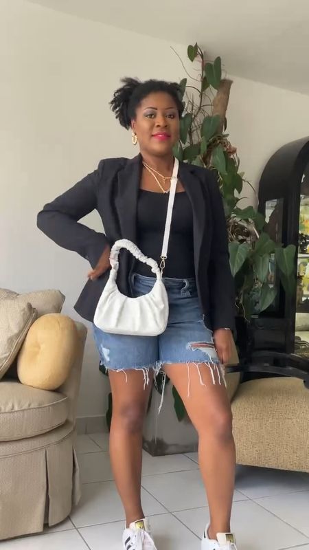 Fall transitional outfit idea: black blazer with black cami, blue mom shorts, white ruched crossbody bag and adidas superstar sneakers✌️ 

#LTKstyletip #LTKunder50 #LTKSeasonal
